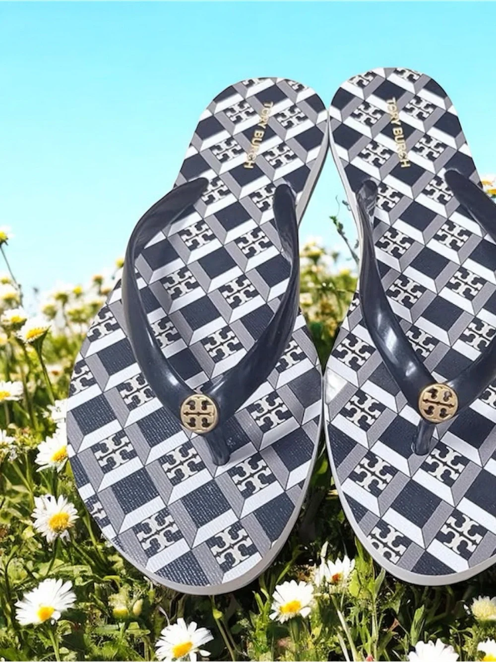 Tory Burch Black & White Logo Pattern Flip Flops